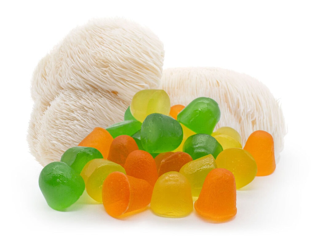 Lion's Mane Mushroom gummies in different colours and flavours